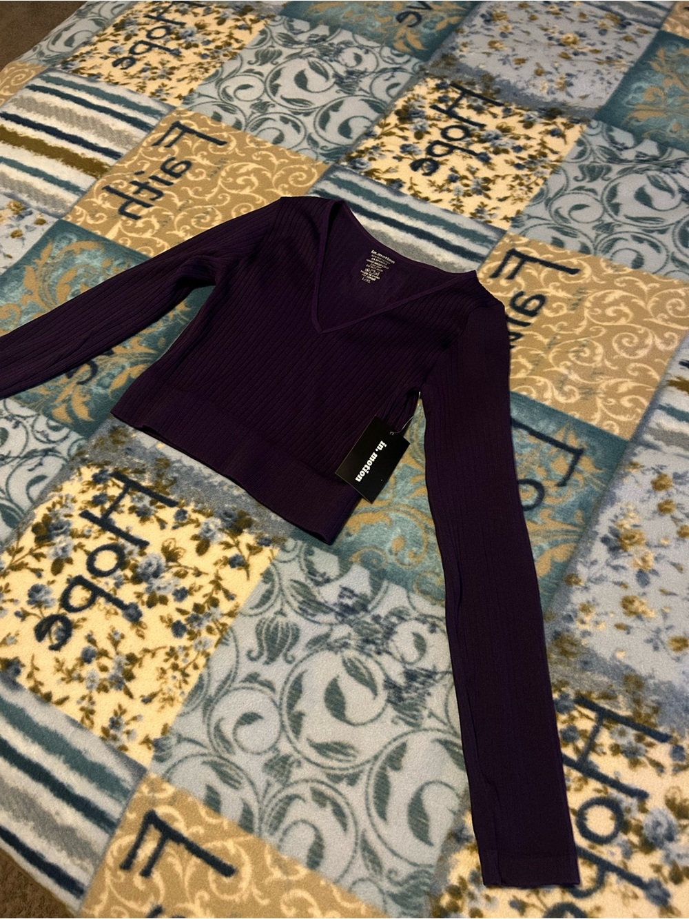 Ribbed V-Neck Long-Sleeve Top — Deep Purple